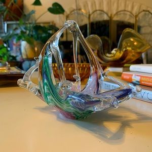 Vintage Lavorazione Arte Murano Glass Basket Pink, Green and Blue Swirl